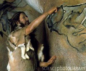 Puzzle Μια προϊστορική καλλιτέχνης υλοποιεί ένα σπήλαιο ζωγραφικής που αντιπροσωπεύει ένα βουβάλι στον τοίχο ενός σπηλαίου, ενώ θα γίνεται σεβαστή από έναν δε